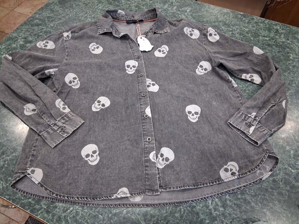 Jane And Delancey Skull Chambray Blouse Top Women S Gray and White Cotton NWT